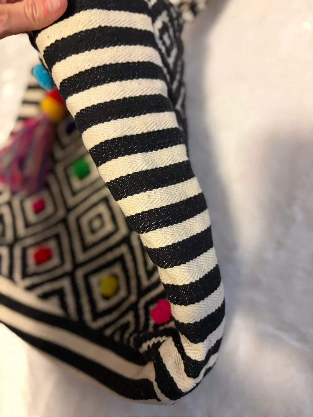 Women’s Black Cream Woven Geometric Tote Bag Colorful Tassel Boho